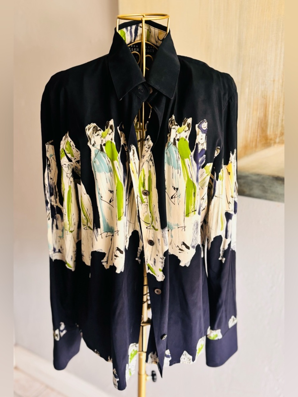 Linda Allard Ellen Tracy Silk Blouse Size 10 Abstract Print Navy Green - Picture 6 of 8